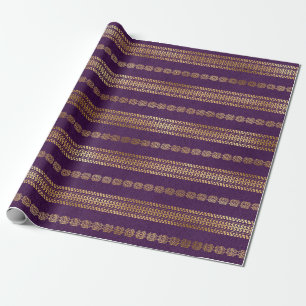 Papier Cadeau Motif Paon de style bohème violet et or à feuille 