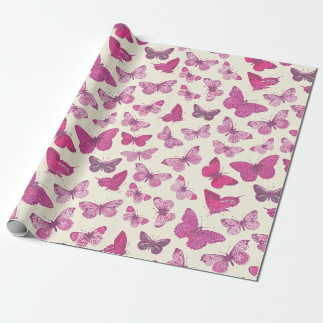 Papier Cadeau Motif Papillon Rose Fille Mignon (Déroulé)