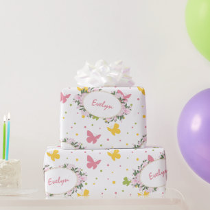 Papier Cadeau Motif Pastel Butterfly avec Fleurs et Nom