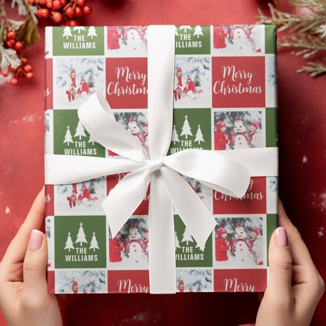 Papier Cadeau Motif photo personnalisé Vert Rouge Joyeux Noël (Custom Photo Pattern Green Red Merry Christmas Wrapping Paper
)