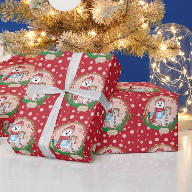 Papier Cadeau Motif Pois de Polar Bear et Snowman  (Vacances)