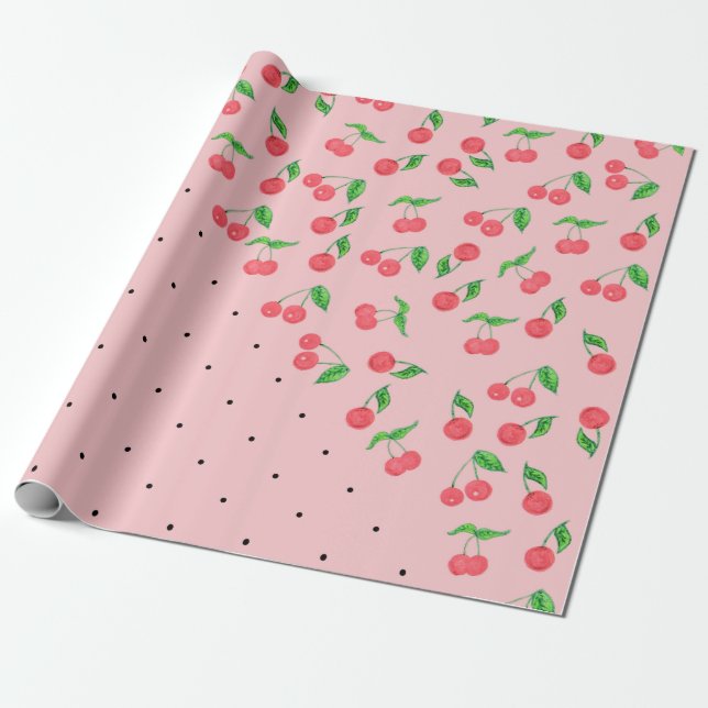 Papier Cadeau motif pois noir cerisier d'aquarelle mignon (Déroulé)