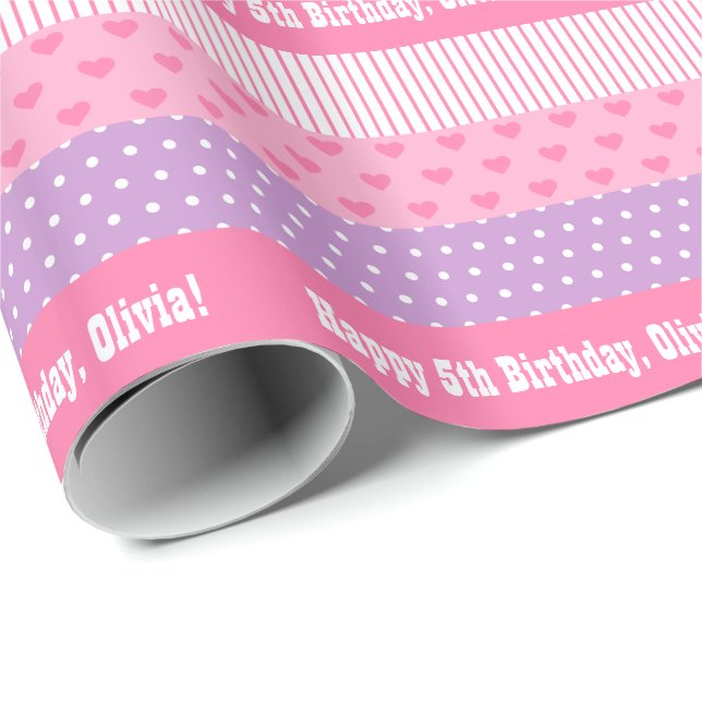 Papier Cadeau Motif pourpre rose de coeurs de rayures de pois (Coin rond)