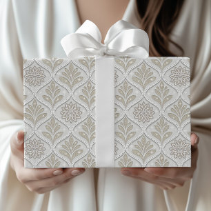 Papier Cadeau Motif Quatrefoil Beige et Blanc Étincelant