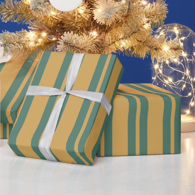 Papier Cadeau Motif rayé traditionnel vert sarcelle et moutarde (Vacances)