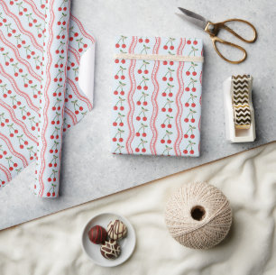 Papier Cadeau Motif rayure à coquille et cerise bleu pastel