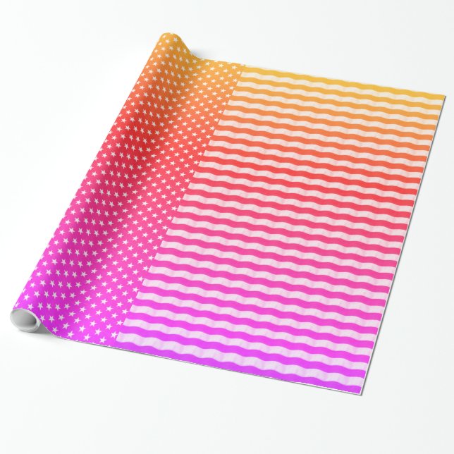 Papier Cadeau Motif rayures étoiles et bandes blanc rose orange (Déroulé)