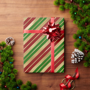 Papier Cadeau Motif rayures festives de Noël rouge vert or