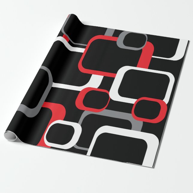 Papier Cadeau Motif rétro Carré rouge noir blanc gris (Déroulé)