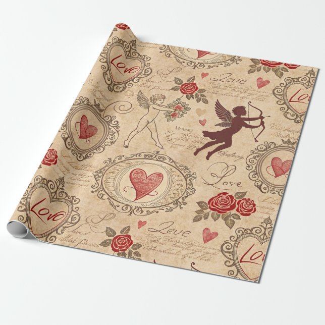 Papier Cadeau Motif romantique de vintage Cupid (3) (Déroulé)