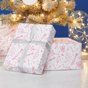 Papier Cadeau Motif Romantique Toi Et Moi. Rose Pâle Sur Fond Bl