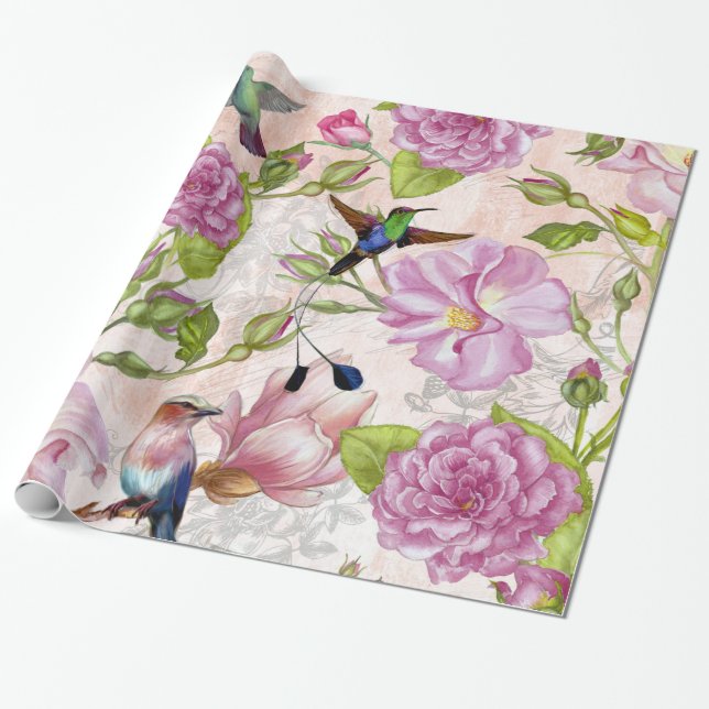 Papier Cadeau Motif rose de fleurs et de colibris de cru (Déroulé)