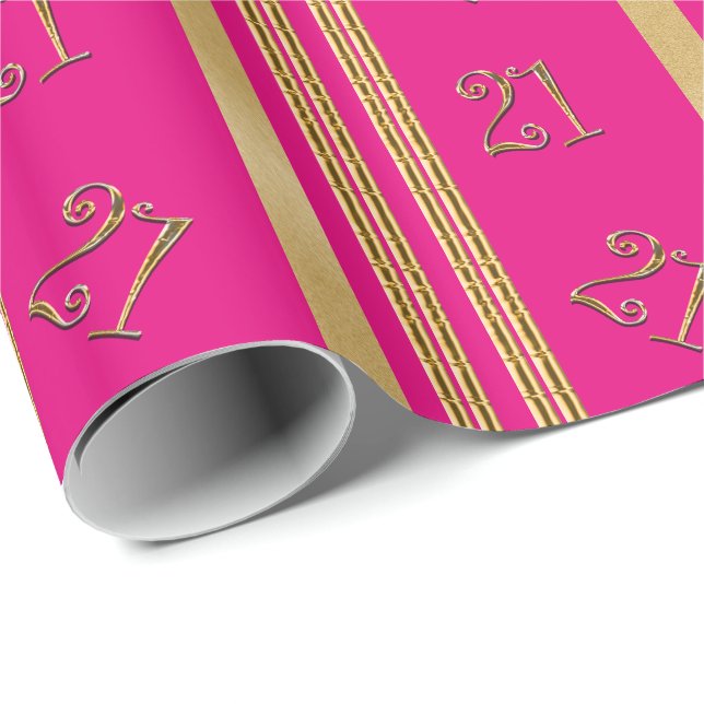 Papier Cadeau motif rose d'or de 21ème anniversaire (Coin rond)