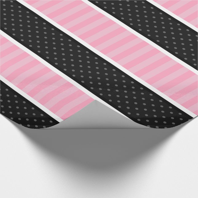 Papier Cadeau Motif rose et noir de rayures de point de polka (Coin)