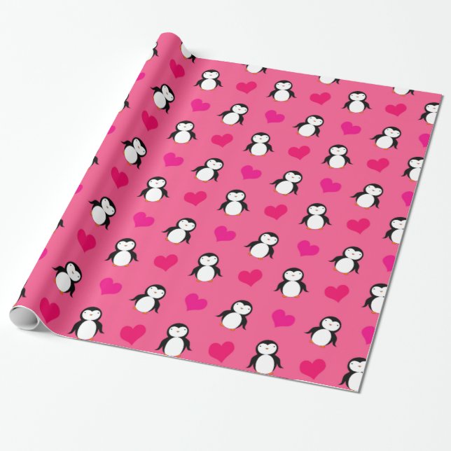 Papier Cadeau Motif rose mignon de coeurs de pingouin (Déroulé)
