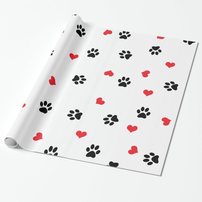 Papier Cadeau Motif rouge de coeur de patte noire claire douce (Déroulé)