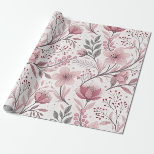 Papier Cadeau Motif Sakura en fleurs de cerises roses sur blanc