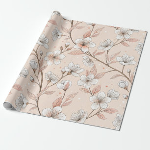 Papier Cadeau Motif Sakura en fleurs de cerisier rose sur rose (
