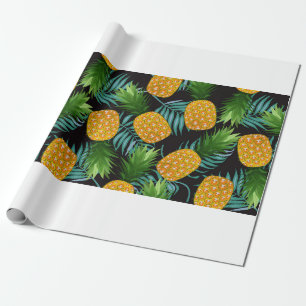 Papier Cadeau Motif sans ananas avec feuilles de palme sur bla