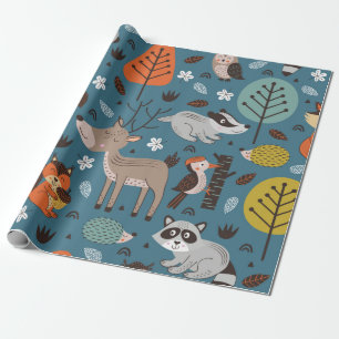 Papier Cadeau Motif sans couture avec animaux de la forêt sur fo