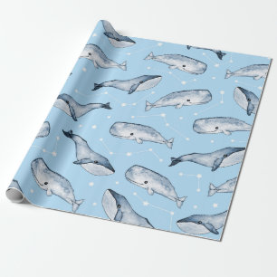 Papier Cadeau Motif sans couture avec de jolies baleines et étoi