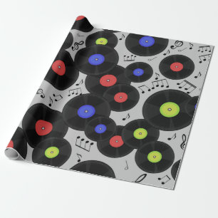 Papier Cadeau Motif sans couture avec disques vinyles et notes.