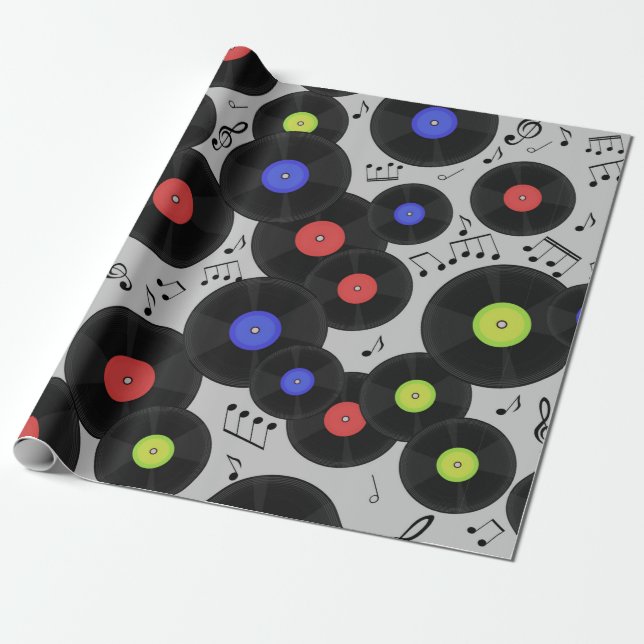 Papier Cadeau Motif sans couture avec disques vinyles et notes.  (Déroulé)