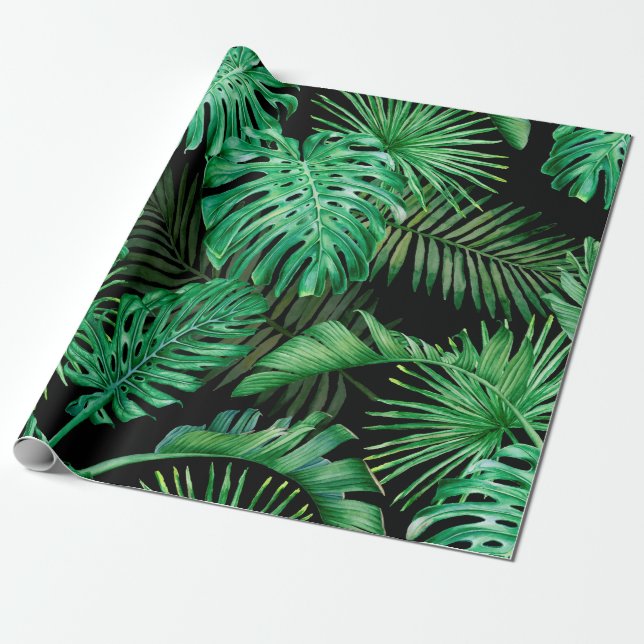 Papier Cadeau Motif sans couture avec feuilles tropicaux sur un  (Déroulé)
