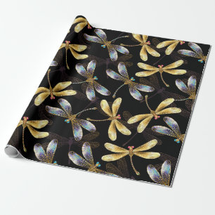 Papier Cadeau Motif sans couture avec libellules d'or