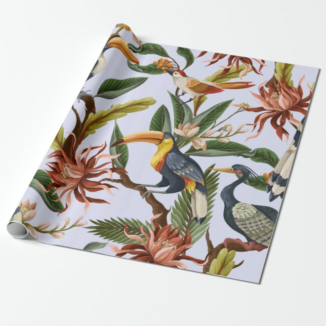 Papier Cadeau Motif sans couture avec oiseaux et feuilles tropic (Déroulé)