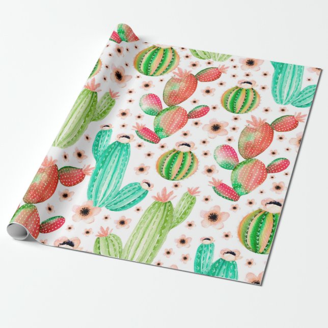 Papier Cadeau Motif sans couture avec succulents. Aquarelle cact (Déroulé)