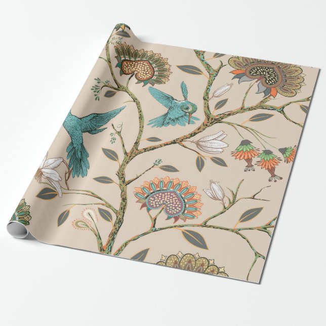Papier Cadeau Motif sans couture beige avec fleurs stylisées et  (Déroulé)
