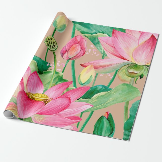 Papier Cadeau motif sans couture de fleurs de lotus. aquarelle b (Déroulé)