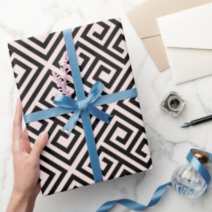 Papier Cadeau Motif sans fin Clé grecque Noir/Rose Mariage Chic