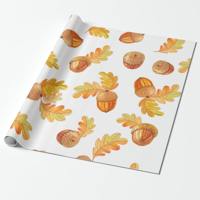 Papier Cadeau motif sans soudure automne avec feuilles en chêne  (Déroulé)