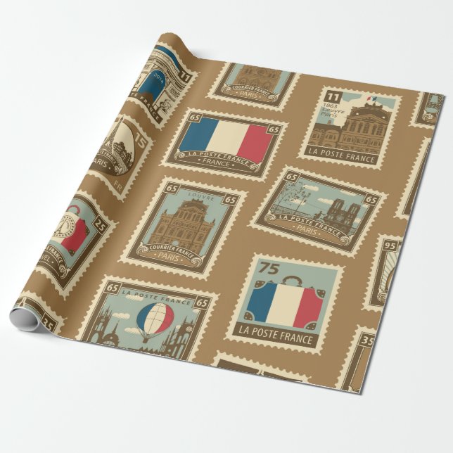 Papier Cadeau  motif sans soudure avec timbres-poste sur le thèm (Déroulé)