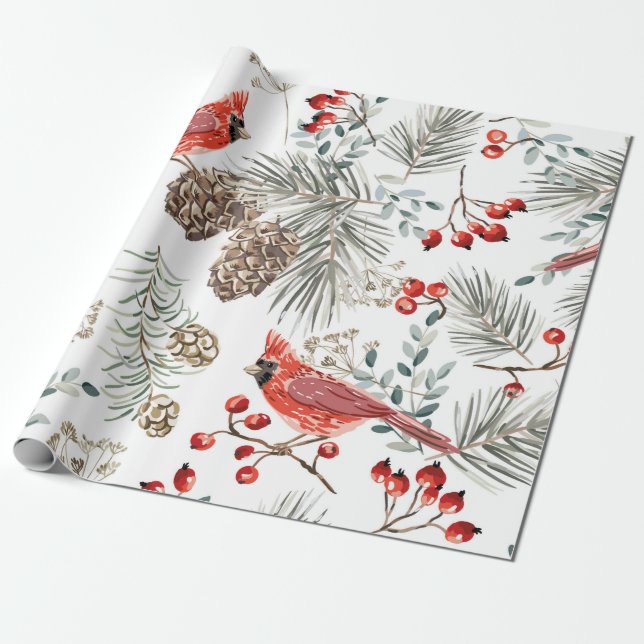 Papier Cadeau Motif sans soudure de Noël, oiseaux cardinaux, rou (Déroulé)