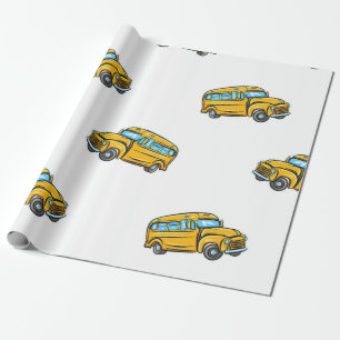 Papier Cadeau motif sans soudure vintage avec bus scolaire, bus,