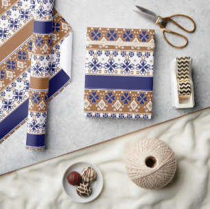 Papier Cadeau Motif scandinave rayé brun bleu
