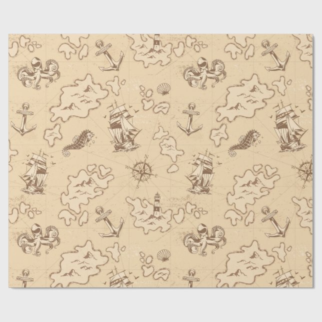 Papier Cadeau Motif sépia à thème nautique (Plat)