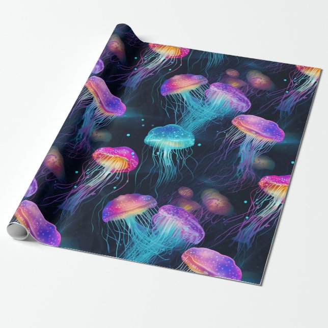 Papier Cadeau Motif sous-marin de méduse luminescente (Déroulé)