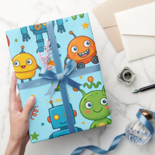 Papier Cadeau Motif spatial d'aliens et de robots mignons