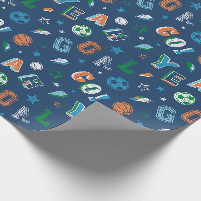 Papier Cadeau Motif sportif avec texte, boules et étoiles (Coin)