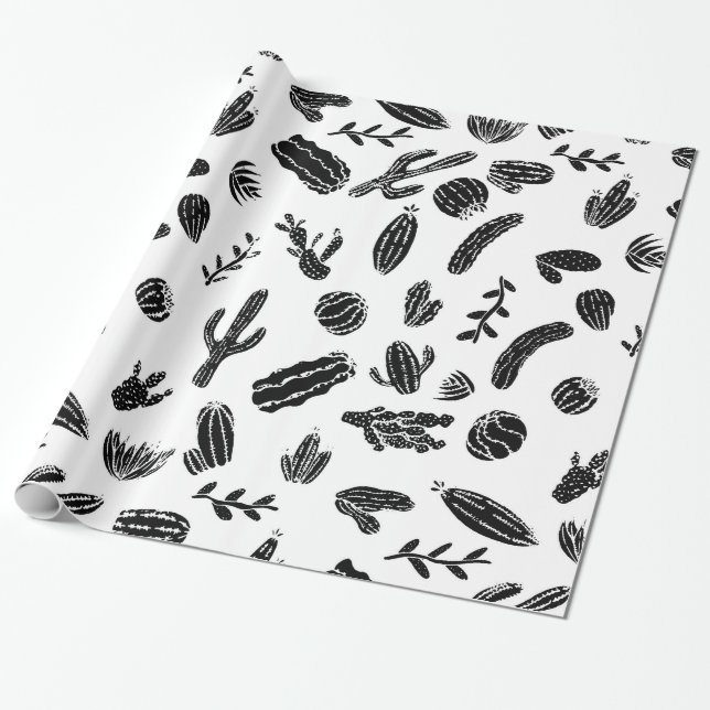 Papier Cadeau Motif succulent noir et blanc moderne de cactus (Déroulé)