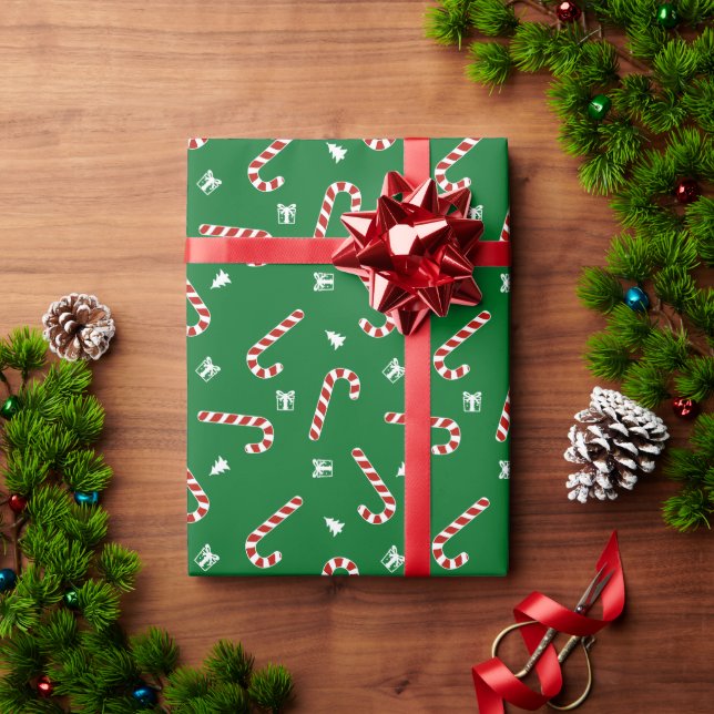 Papier Cadeau Motif sucre de canne sur Arrière - plan vert (Cadeau de vacances)