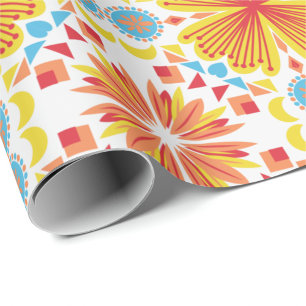 Papier Cadeau motif symétrique de fleurs orange et jaune