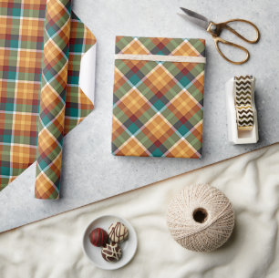 Papier Cadeau Motif Tartan Classique Bleu Sarcelle Vert Orange