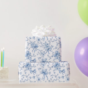 Papier Cadeau Motif Toile Coquette Rubans et Nœuds Bleus