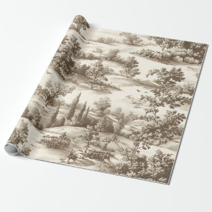 Papier Cadeau Motif Toile de Jouy Sépia Cottagecore de Récolte d