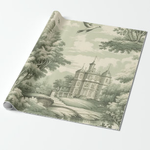 Papier Cadeau Motif Toile de Jouy Vert Scénique Historique Franç